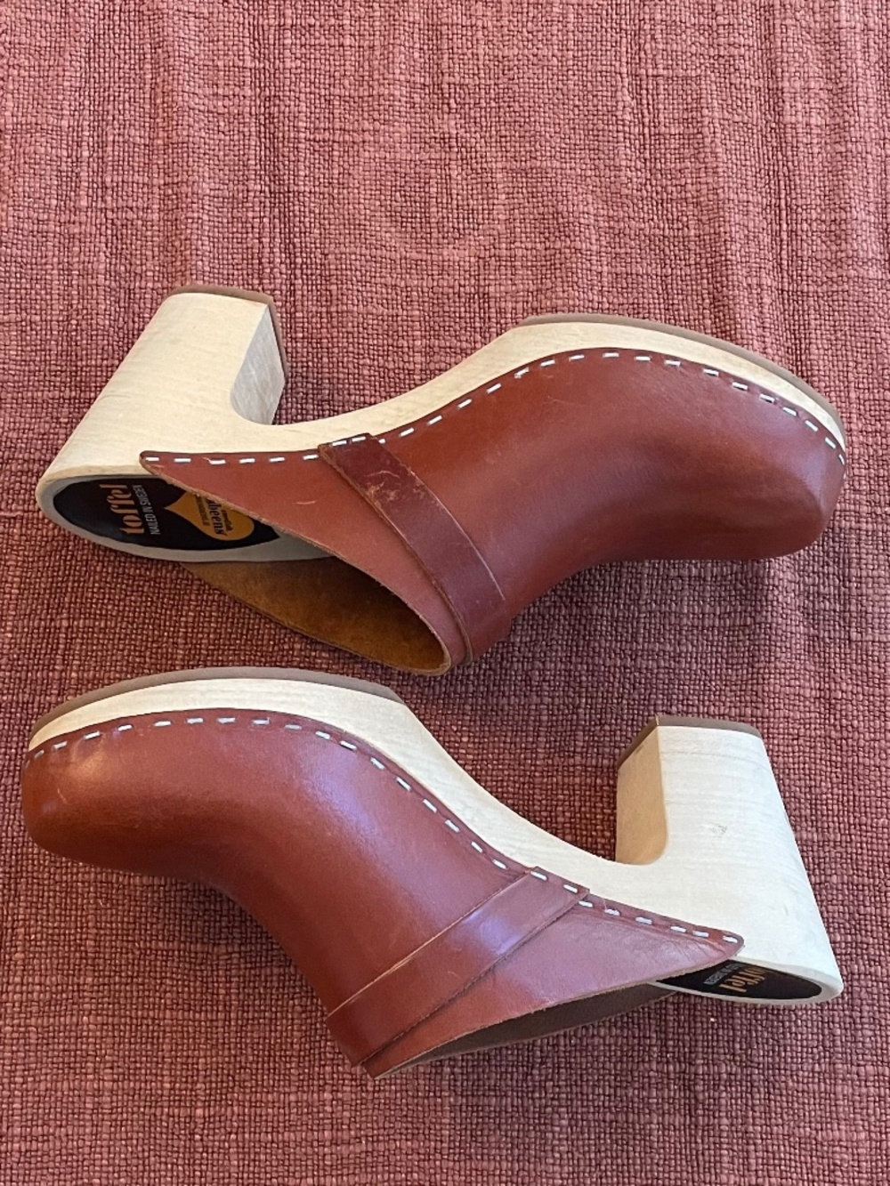 Swedish Hasbeens Brown Leather Clogs with Natural Wood Heels